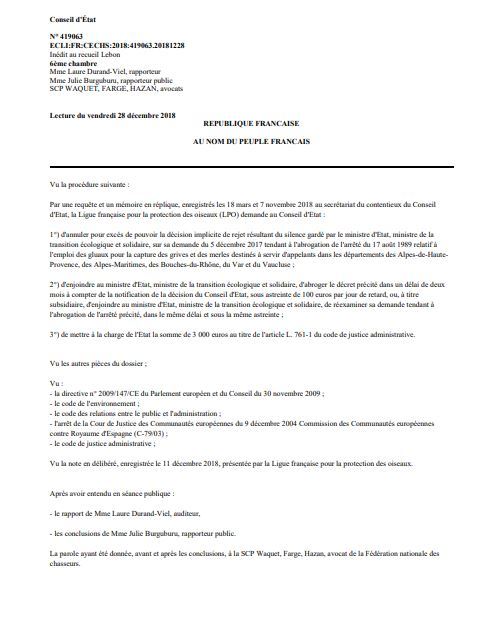 arret du conseil d'état deboute la lpo